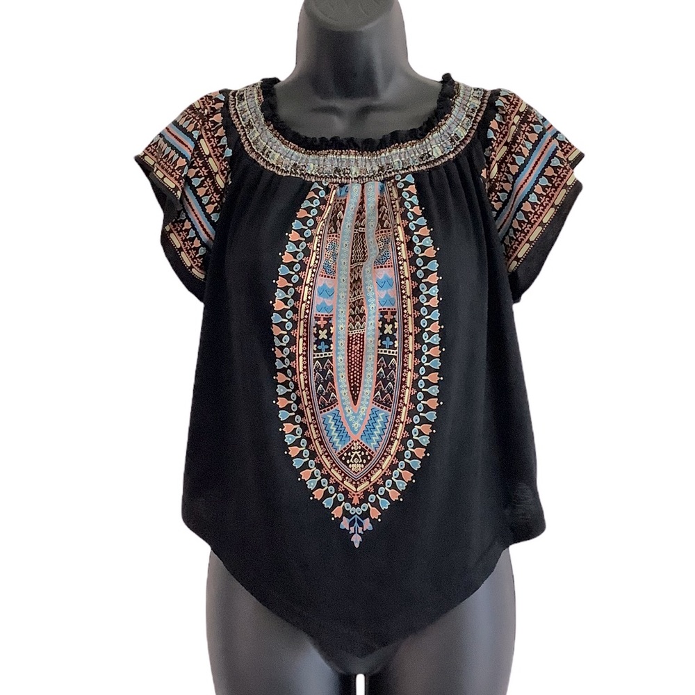 Boho Womens Black Cap Sleeve Pattern Tee S/M